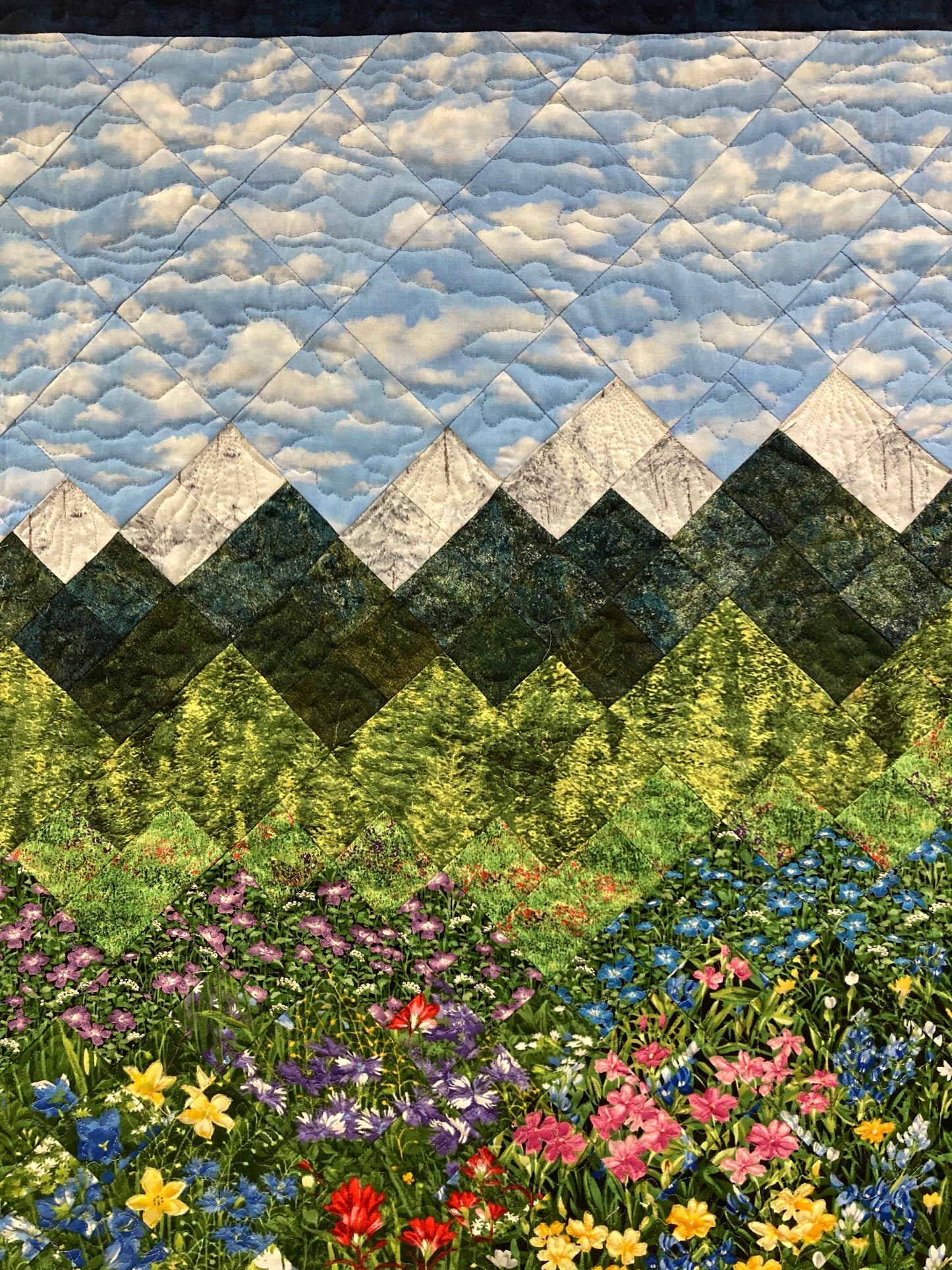 Snowy Peaks Mountain Quilt Art Fabric Wall Hanging, Landscape Textile Art 25x34” Vertical Tapestry Summer Alpine Pink Yellow Flowers Artwork