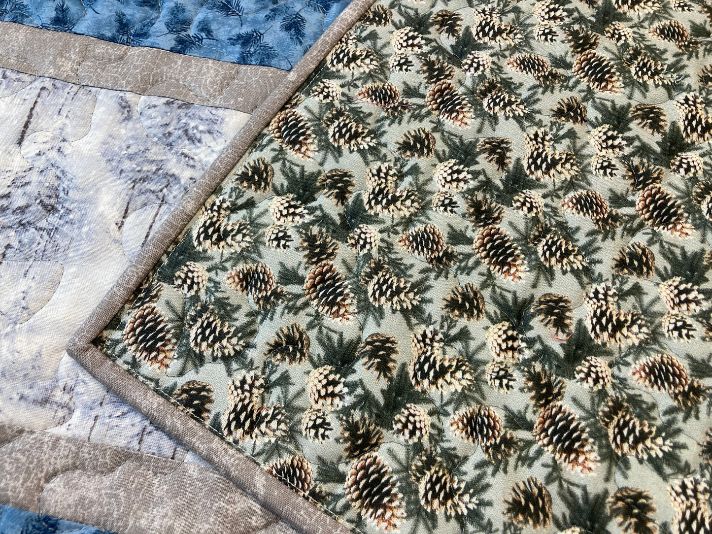 Snowy Winter Trees Blue Pine Cones Quilted Dining Coffee Table Runner, 13x48 Reversible, Everyday Woods Mountains Handmade