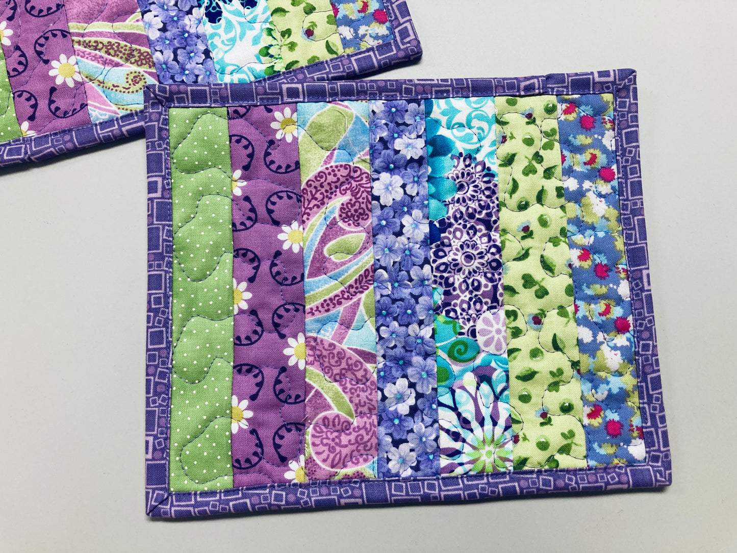 Purple Blue Green Spring Summer Mug Rug Snack Mat Set of (2) Coffee End Table, Large Coasters 8.5x7", Quilted Boho Colorful Bright Handmade