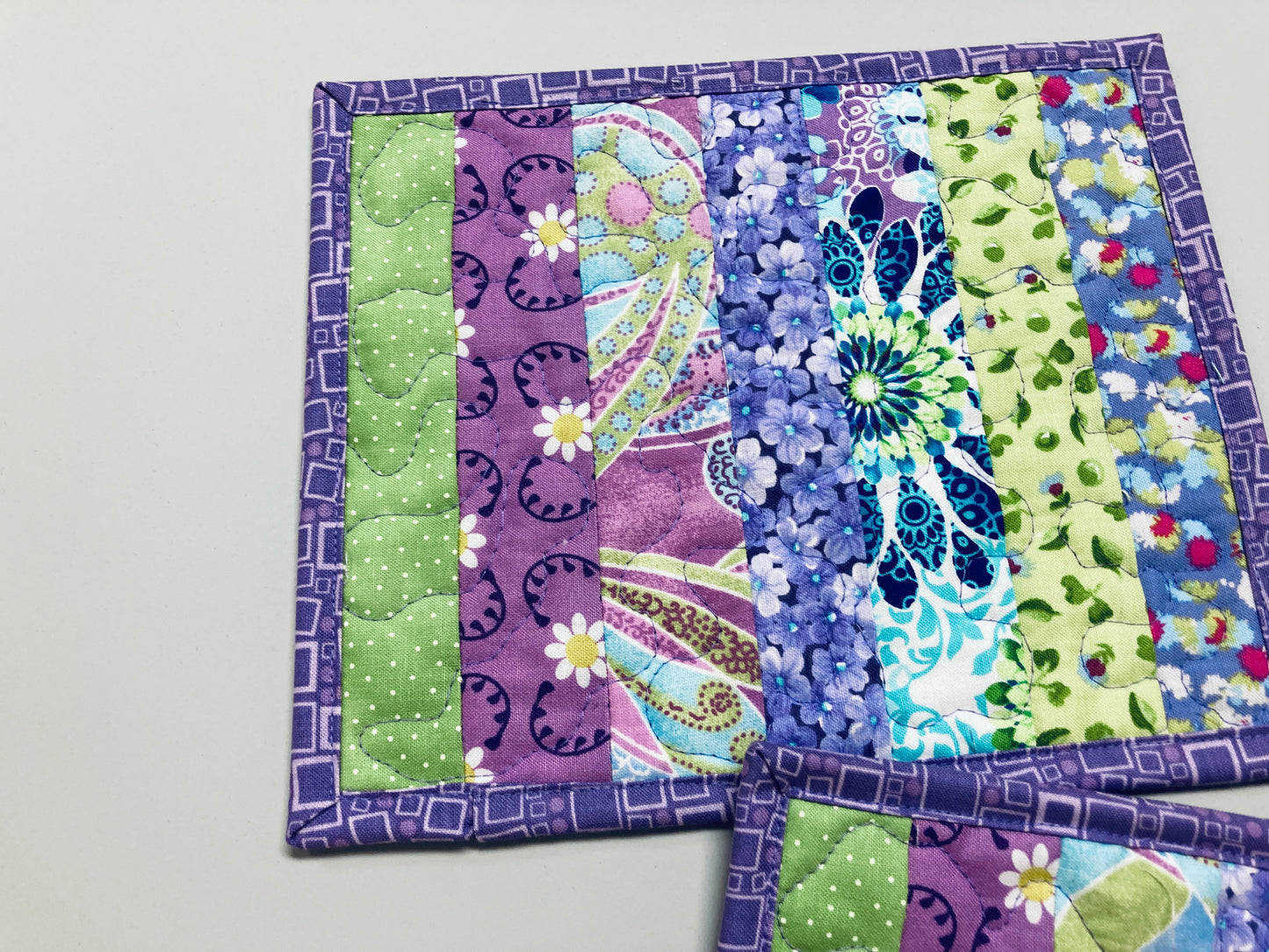 Purple Blue Green Spring Summer Mug Rug Snack Mat Set of (2) Coffee End Table, Large Coasters 8.5x7", Quilted Boho Colorful Bright Handmade