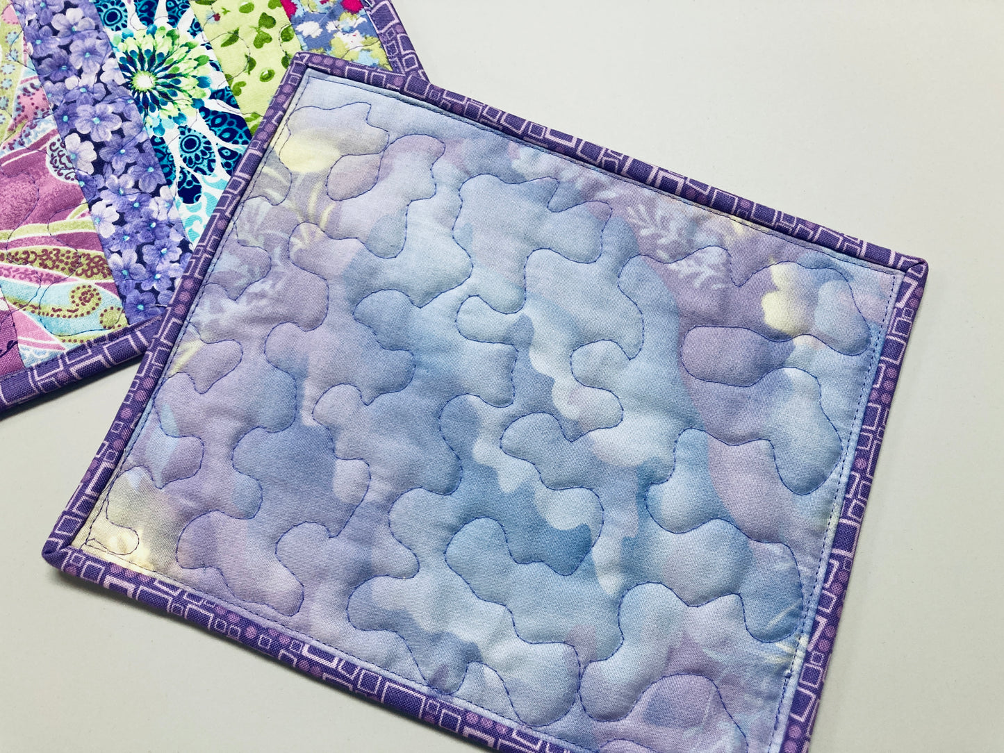 Purple Blue Green Spring Summer Mug Rug Snack Mat Set of (2) Coffee End Table, Large Coasters 8.5x7", Quilted Boho Colorful Bright Handmade