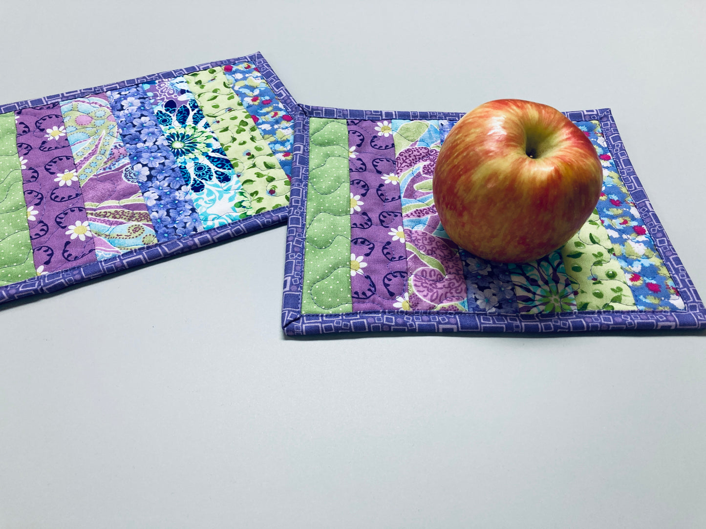 Purple Blue Green Spring Summer Mug Rug Snack Mat Set of (2) Coffee End Table, Large Coasters 8.5x7", Quilted Boho Colorful Bright Handmade