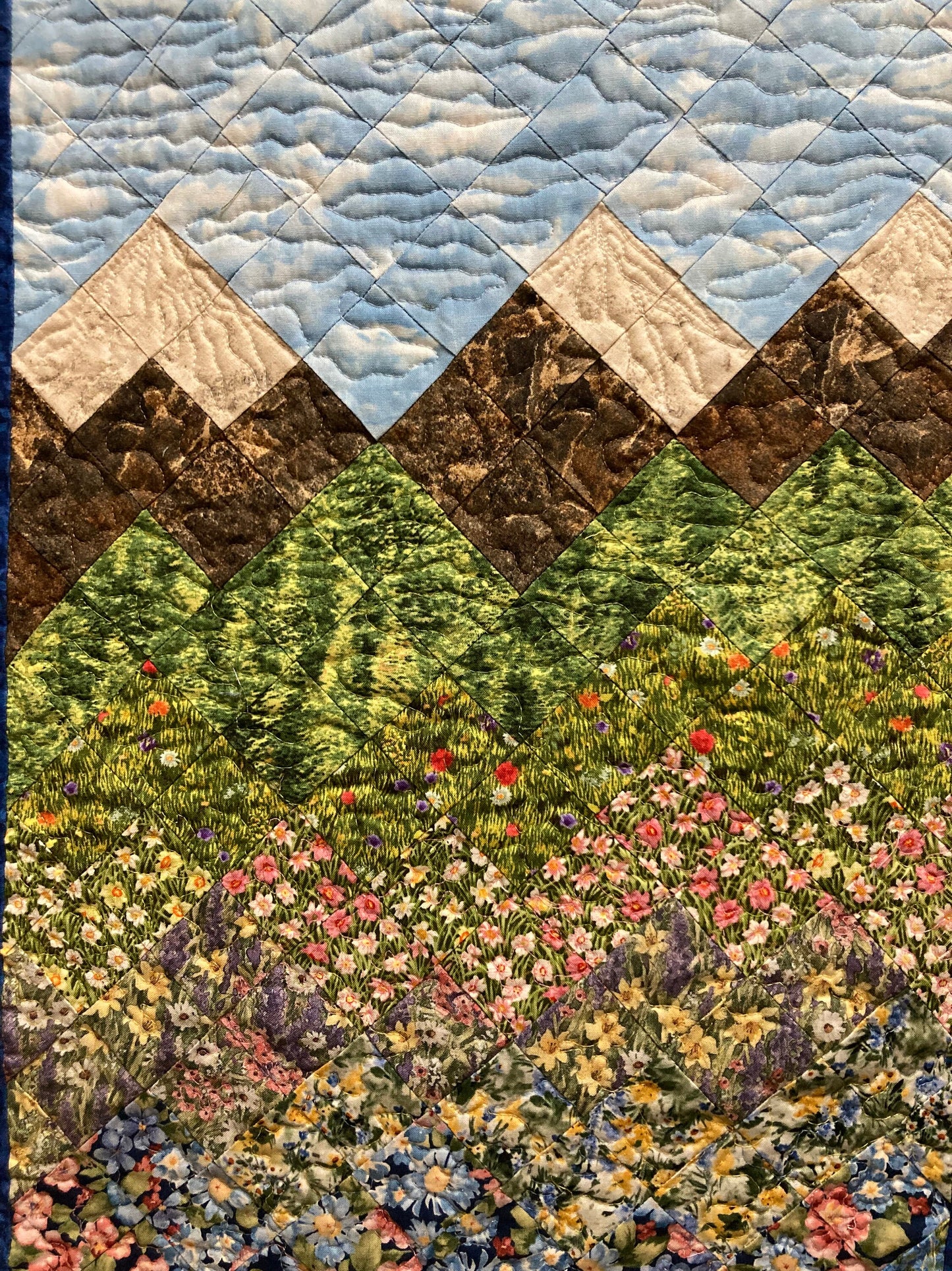 Spring Blooms Pink Blue Flower Landscape Art Quilt, Art 19x28", Tapestry Fabric Wall Hanging, Small Quilted Artwork, Vertical Mountains