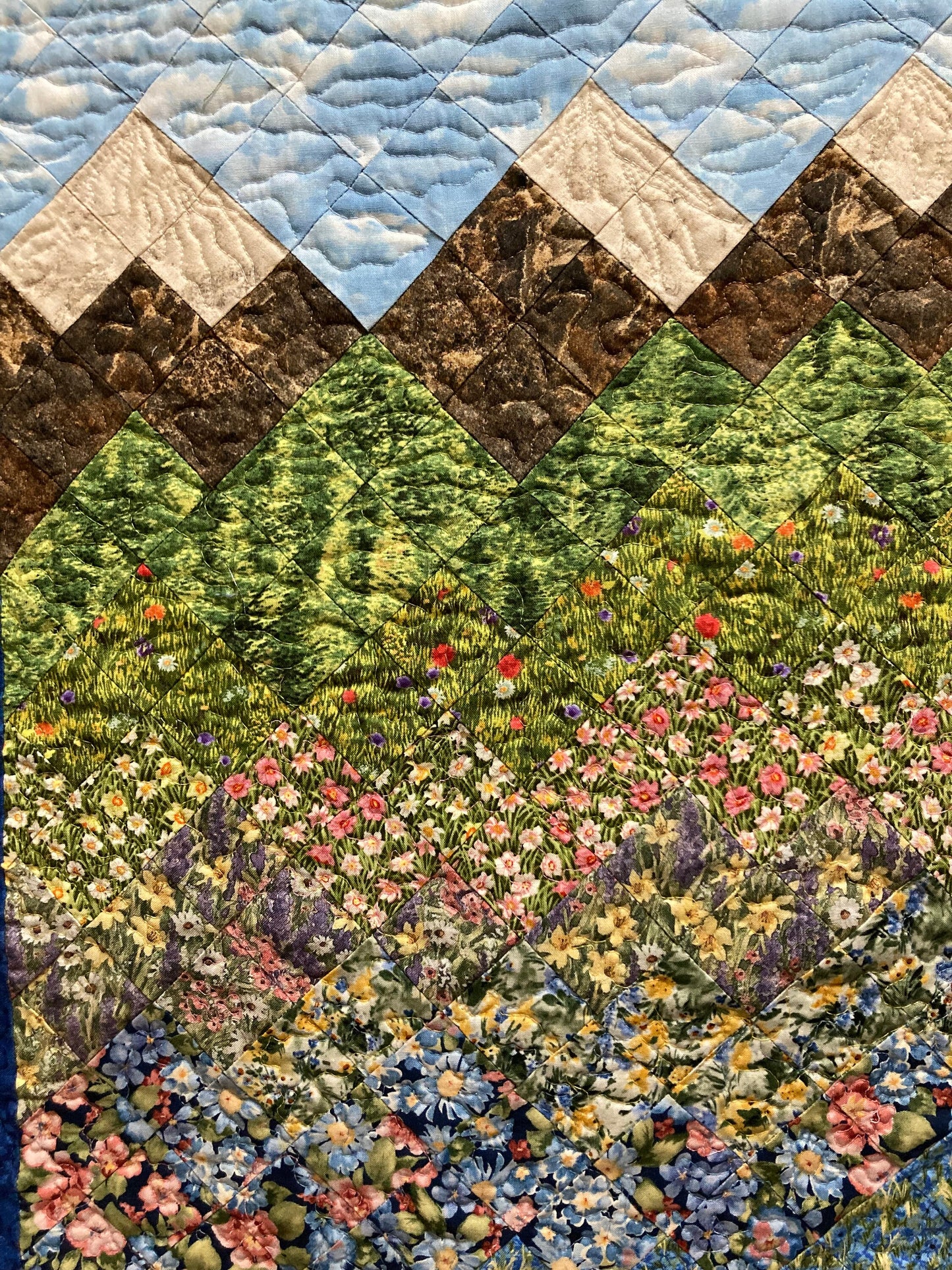 Spring Blooms Pink Blue Flower Landscape Art Quilt, Art 19x28", Tapestry Fabric Wall Hanging, Small Quilted Artwork, Vertical Mountains