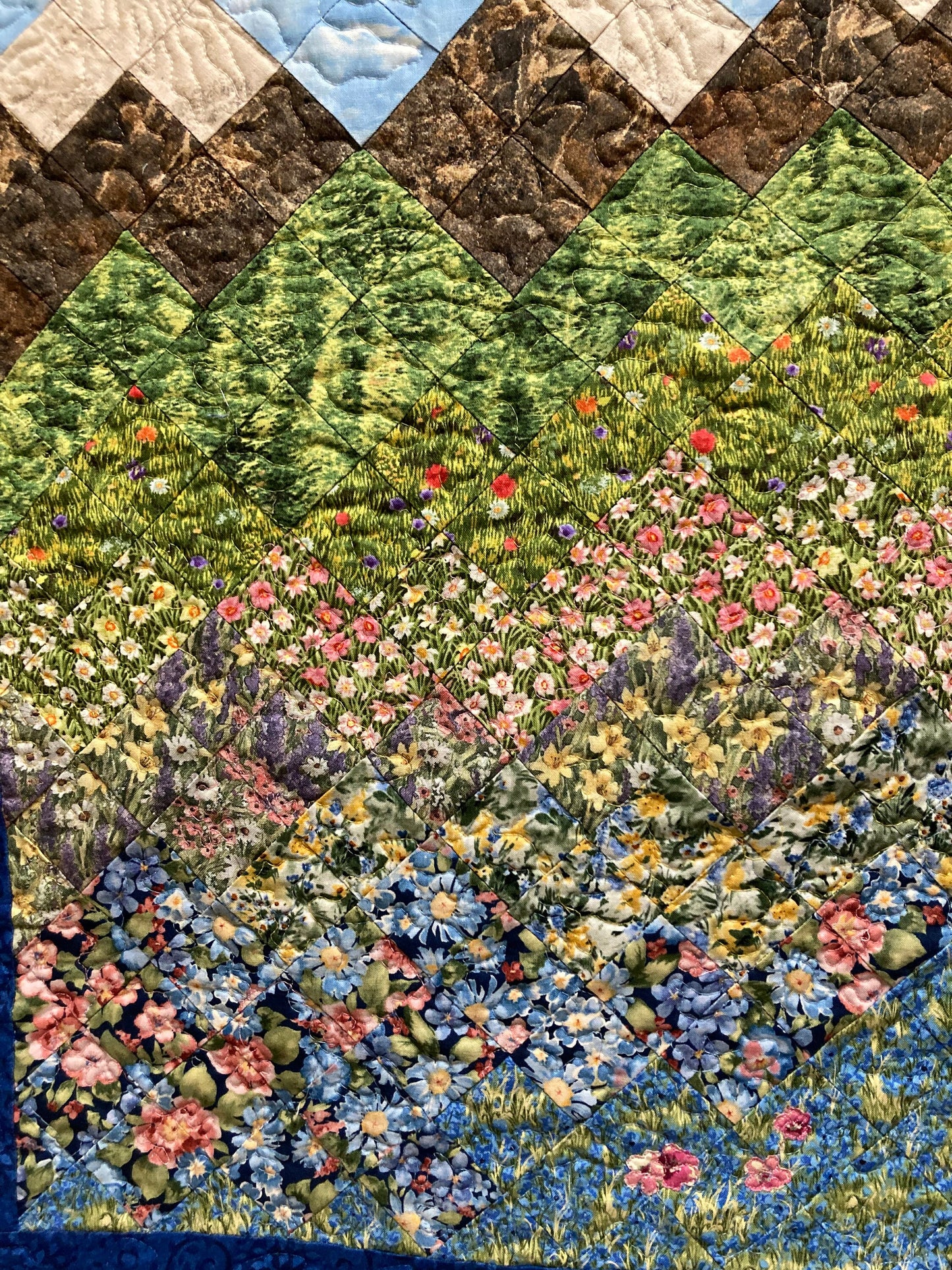 Spring Blooms Pink Blue Flower Landscape Art Quilt, Art 19x28", Tapestry Fabric Wall Hanging, Small Quilted Artwork, Vertical Mountains