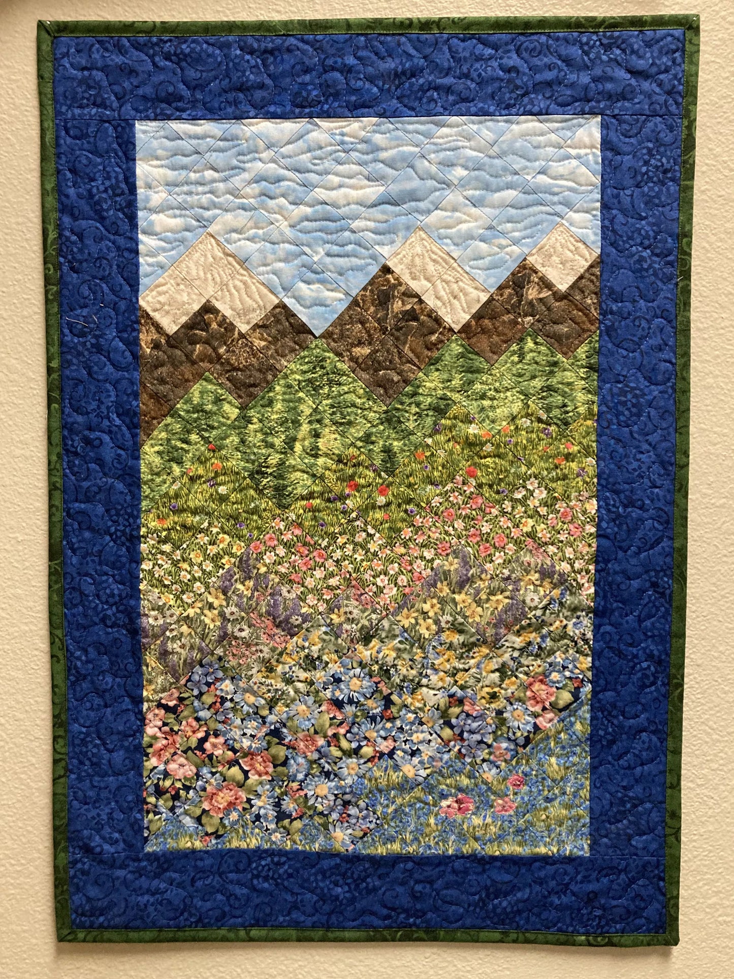 Spring Blooms Pink Blue Flower Landscape Art Quilt, Art 19x28", Tapestry Fabric Wall Hanging, Small Quilted Artwork, Vertical Mountains