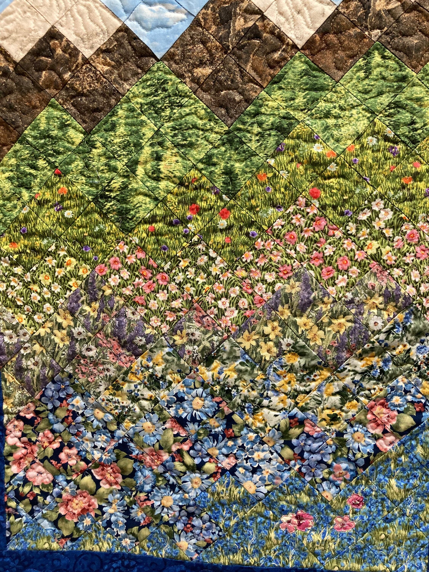 Spring Blooms Pink Blue Flower Landscape Art Quilt, Art 19x28", Tapestry Fabric Wall Hanging, Small Quilted Artwork, Vertical Mountains