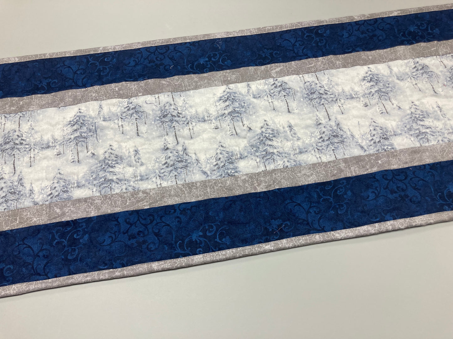 Snowy Winter Trees Quilted Dining Table Runner, 13x48 Reversible, Blue Coffee End Table Cabin Everyday Nature Woods Mountains Handmade