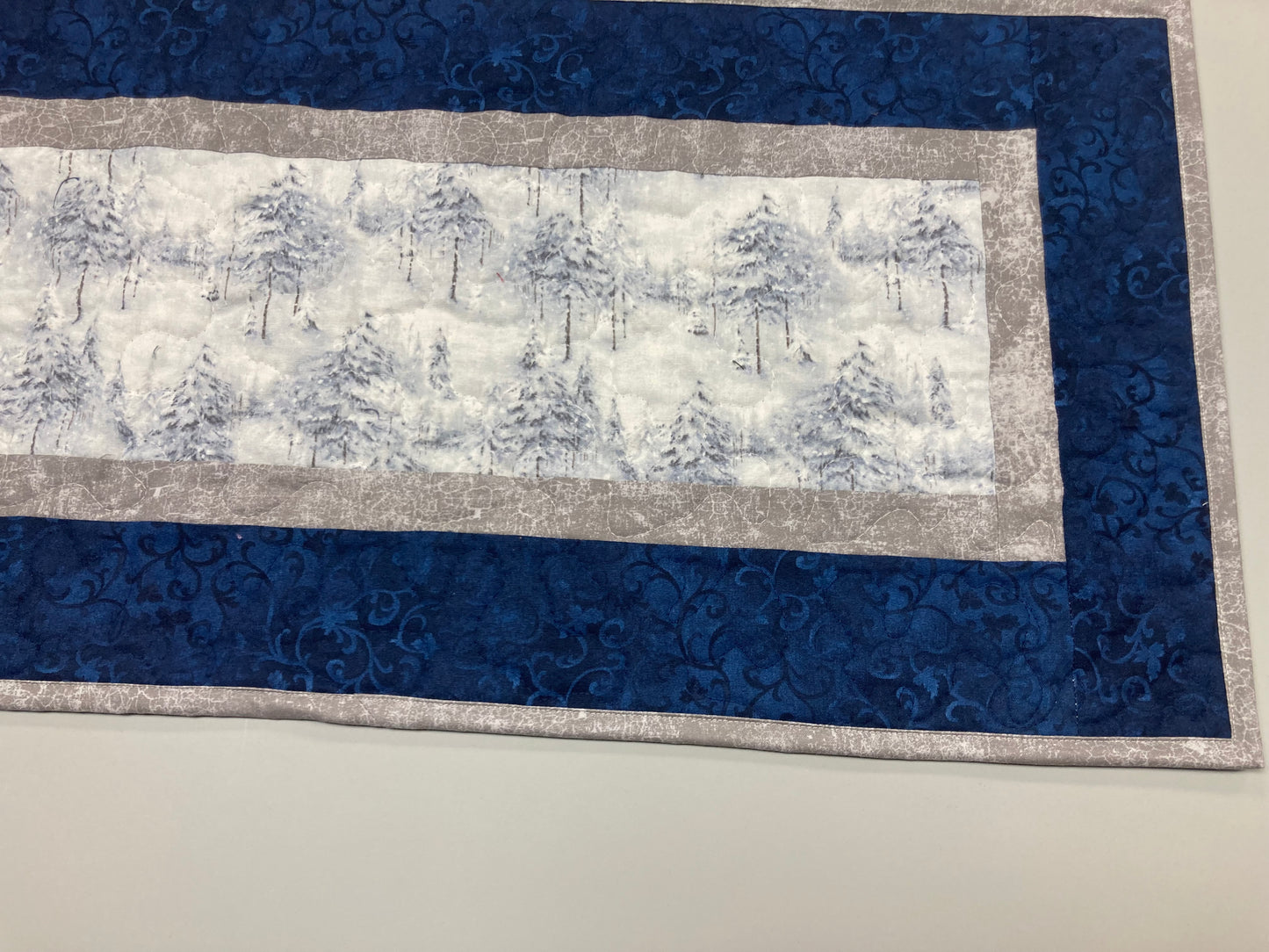 Snowy Winter Trees Quilted Dining Table Runner, 13x48 Reversible, Blue Coffee End Table Cabin Everyday Nature Woods Mountains Handmade