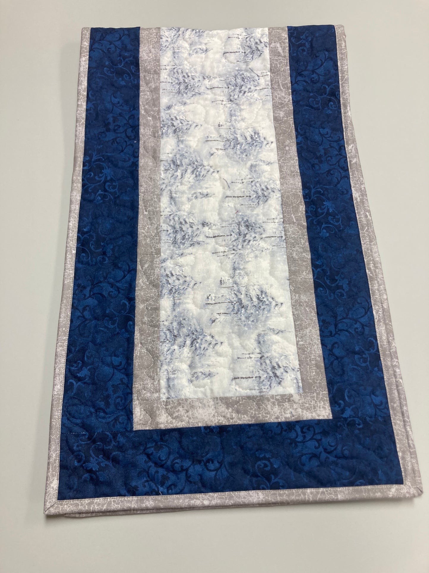 Snowy Winter Trees Quilted Dining Table Runner, 13x48 Reversible, Blue Coffee End Table Cabin Everyday Nature Woods Mountains Handmade