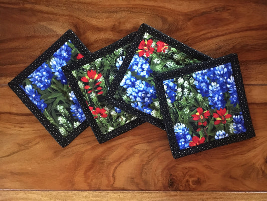 Fabric Coasters for Drinks, Texas Wildflowers Blue Bonnets Red, Reversible Quilted Drink Mats, 5x5", Hot Cold Coffee Tea Mug Rugs Snack Mats