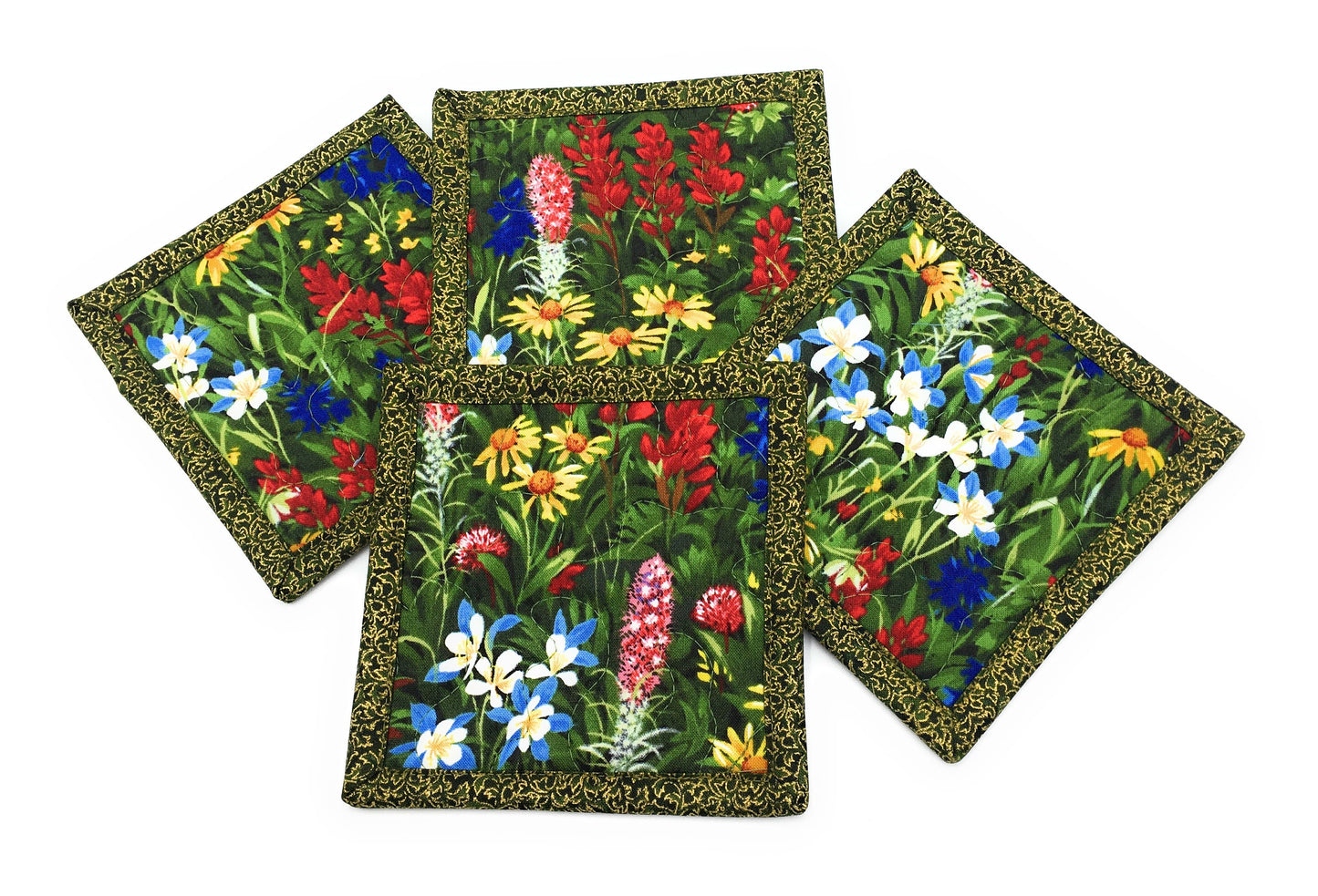 Fabric Hot Cold Drink Quilted Coasters, Texas Wildflowers Blue Red Yellow, Reversible Drink Mats, 5x5" Hot Cold Coffee Tea, Teacher Gift
