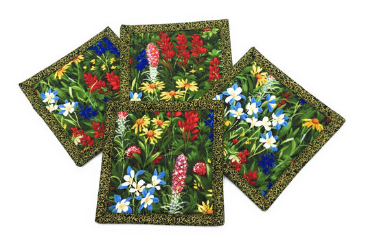 Fabric Hot Cold Drink Quilted Coasters, Texas Wildflowers Blue Red Yellow, Reversible Drink Mats, 5x5" Hot Cold Coffee Tea, Teacher Gift