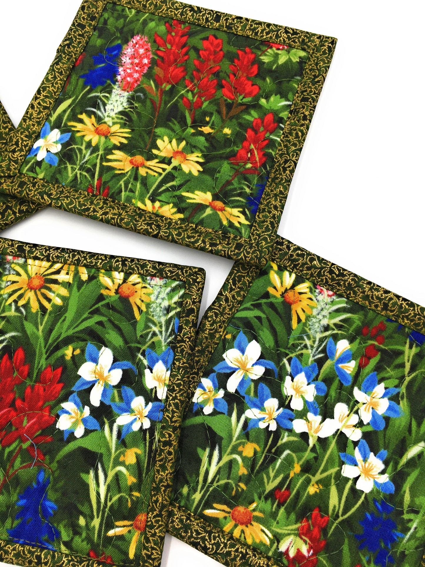 Fabric Hot Cold Drink Quilted Coasters, Texas Wildflowers Blue Red Yellow, Reversible Drink Mats, 5x5" Hot Cold Coffee Tea, Teacher Gift