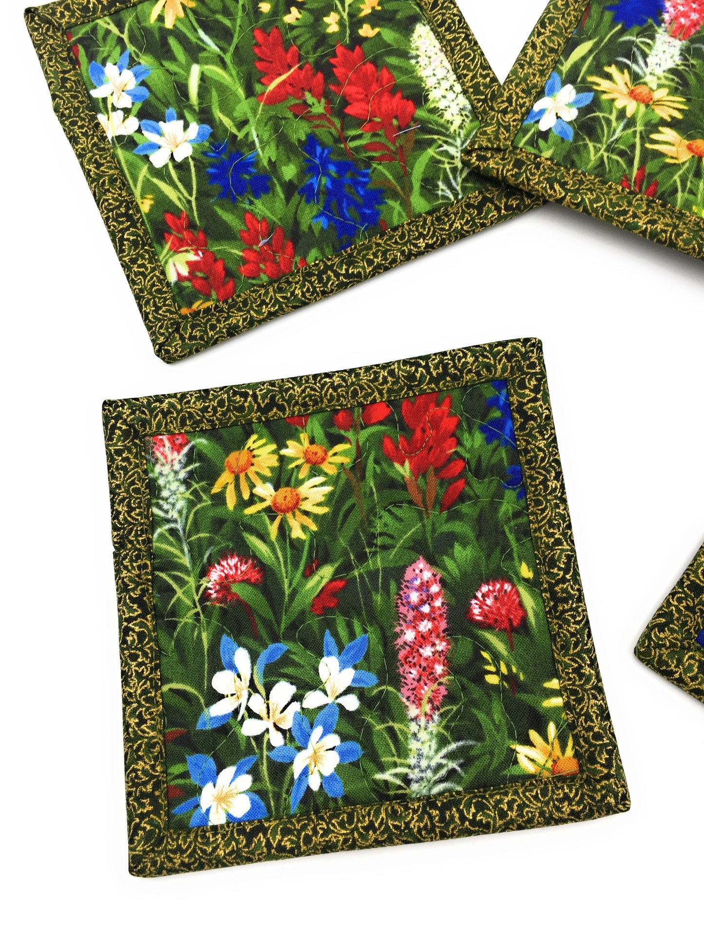 Fabric Hot Cold Drink Quilted Coasters, Texas Wildflowers Blue Red Yellow, Reversible Drink Mats, 5x5" Hot Cold Coffee Tea, Teacher Gift