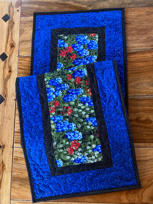 Dining Table Runner, Texas Bluebonnets Red Summer Runner, 13x48" Quilted Reversible, Coffee Table End Table Nightstand, Wildflower Handmade