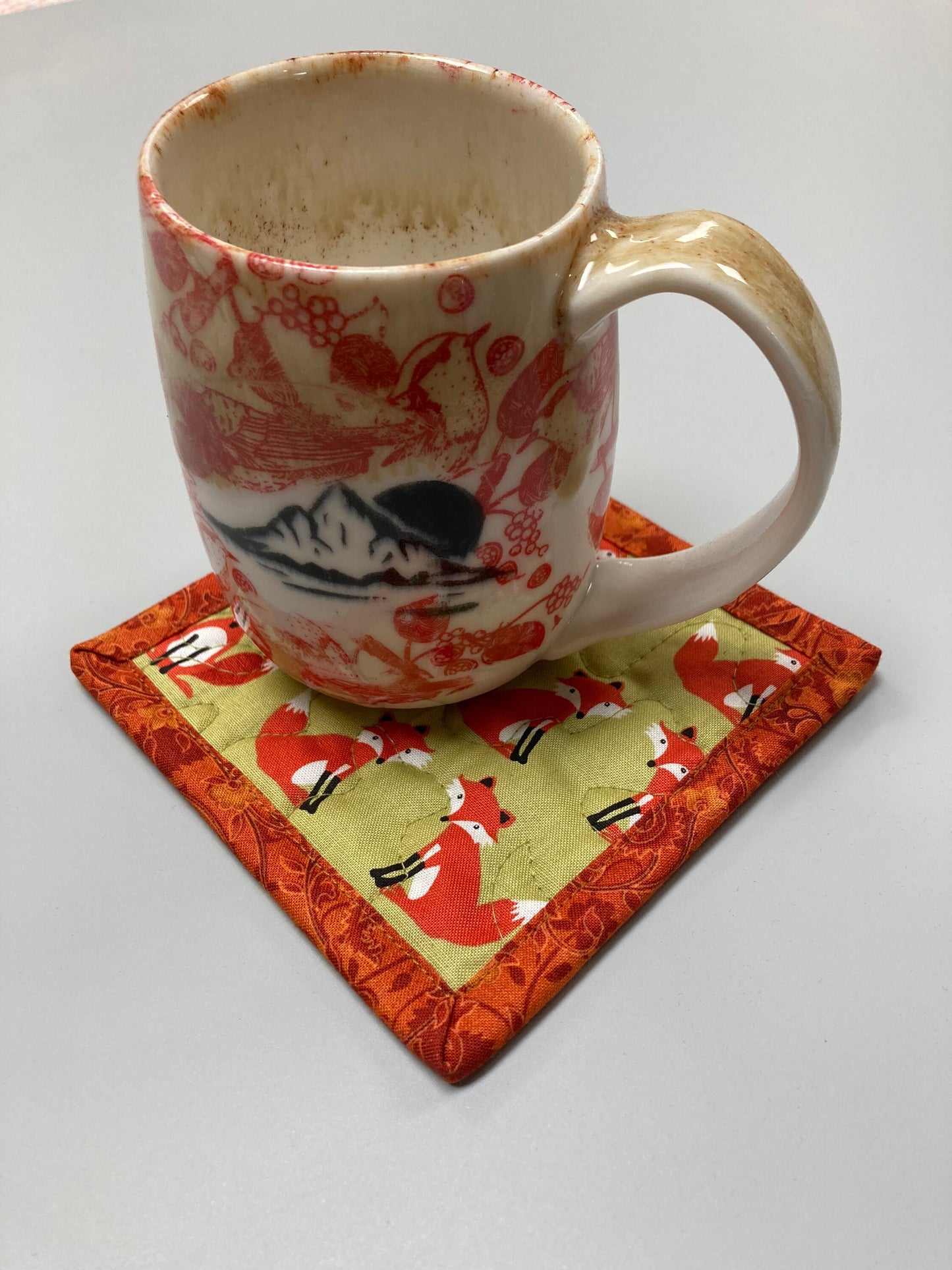 Fox Woodland Animal Fabric Coasters for Drinks, 5x5" Large Coffee Tea Beer Hot Cold Washable Reusable Kid’s Snack Mats Orange Green