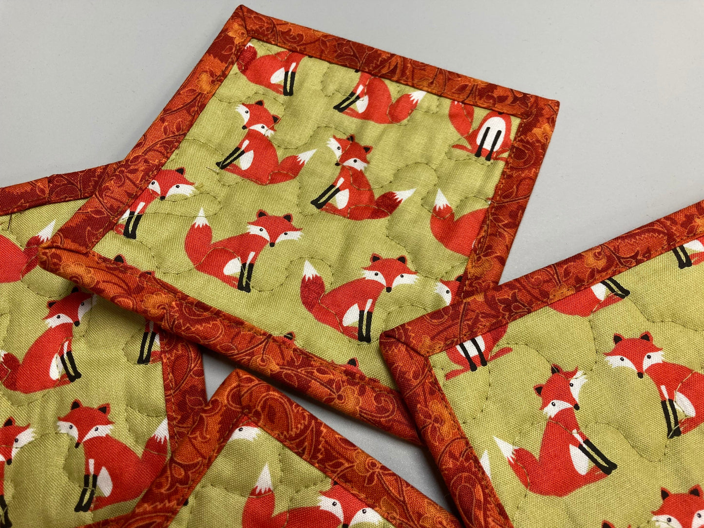 Fox Woodland Animal Fabric Coasters for Drinks, 5x5" Large Coffee Tea Beer Hot Cold Washable Reusable Kid’s Snack Mats Orange Green