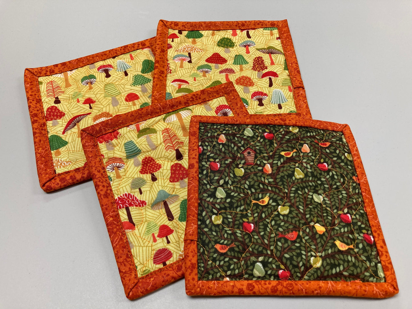 Mushroom Forest Woodland Fabric Coasters for Drinks, 5x5" Large Coffee Tea Beer Hot Cold Washable Reusable Kid’s Snack Mats Orange Green