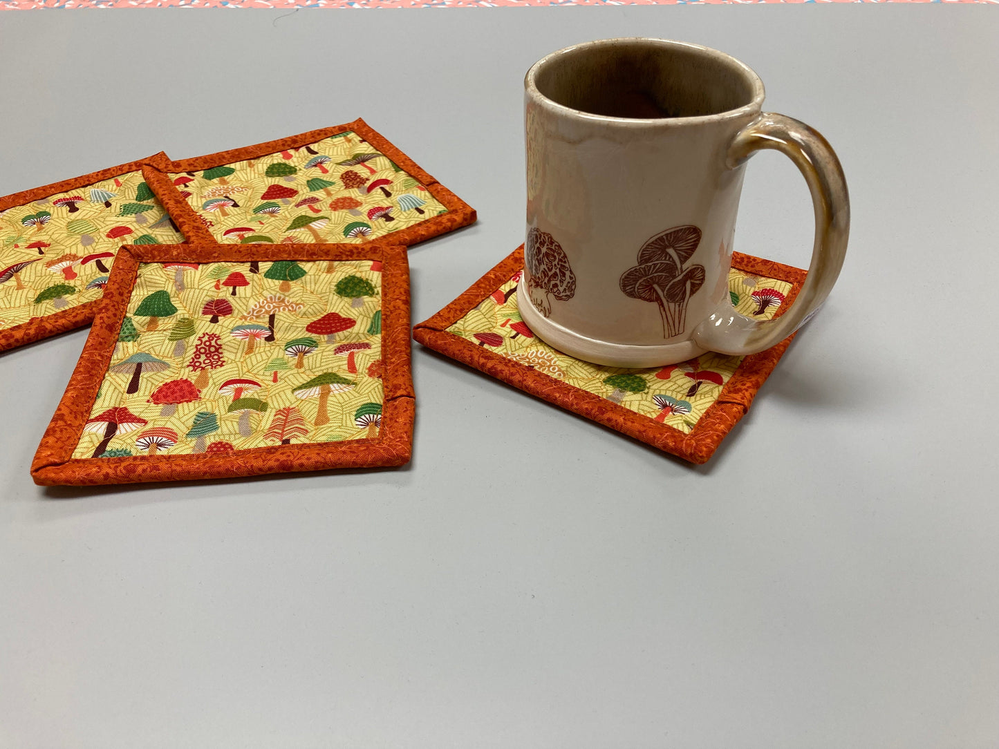 Mushroom Forest Woodland Fabric Coasters for Drinks, 5x5" Large Coffee Tea Beer Hot Cold Washable Reusable Kid’s Snack Mats Orange Green