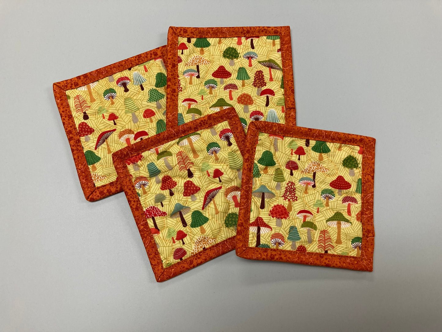 Mushroom Forest Woodland Fabric Coasters for Drinks, 5x5" Large Coffee Tea Beer Hot Cold Washable Reusable Kid’s Snack Mats Orange Green