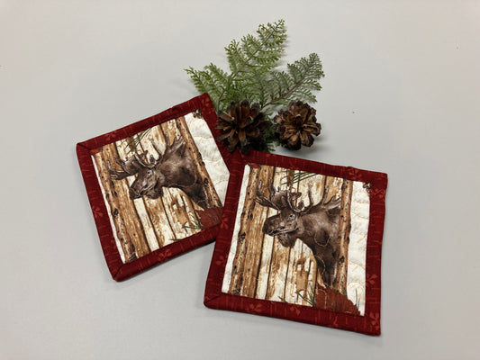 Fall Moose Head Mancave Mug Rug Snack Mats 5x5" Large Fabric Hot Cold Coasters Washable Table, Everyday Cabin Rustic Lodge Hunting Animal