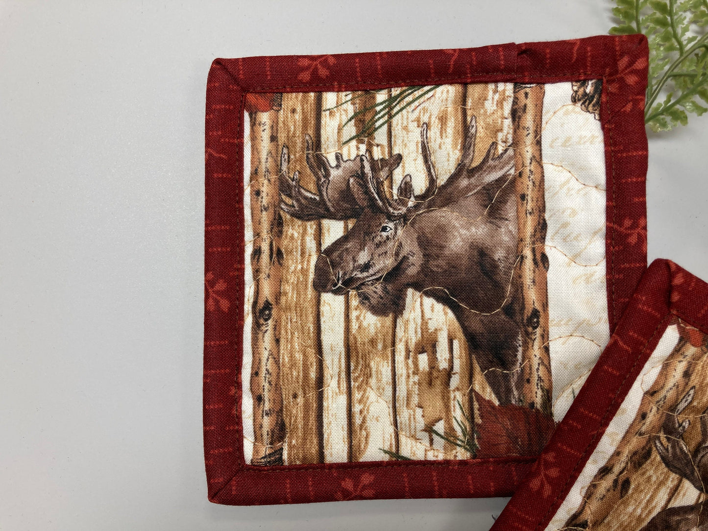Fall Moose Head Mancave Mug Rug Snack Mats 5x5" Large Fabric Hot Cold Coasters Washable Table, Everyday Cabin Rustic Lodge Hunting Animal