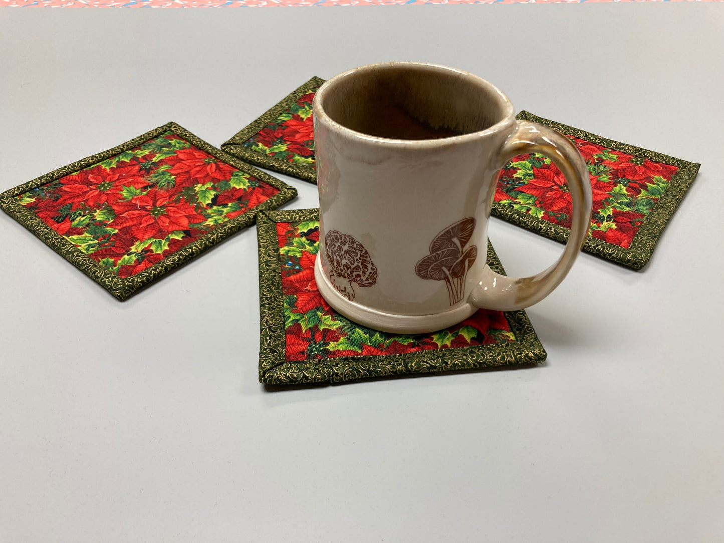 Christmas Fabric Coasters for Drinks, Red Poinsettias and Holly Blue Berries, Drink Mats, Hot Cold Washable, Reversible, 5x5" Winter Decor