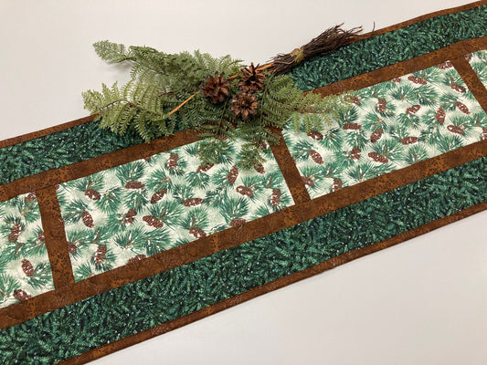 Snowy Pine Cones Quilted Table Runner, Long Dining Coffee End Table, 13x60" Winter Rustic Decor Everyday Mat, Dresser Woods Rustic Cabin