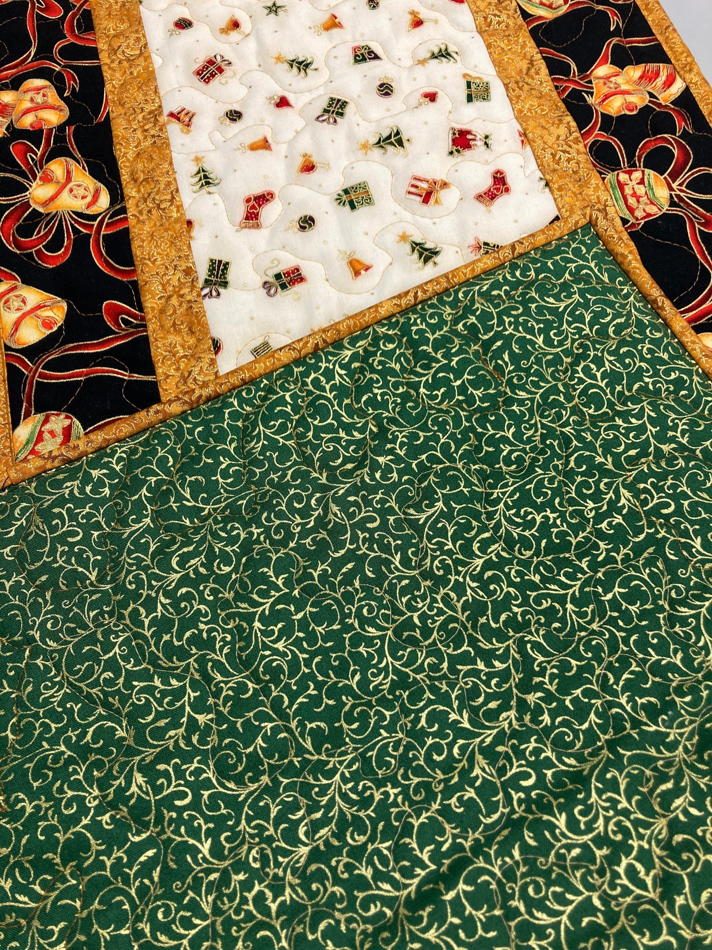 Christmas Ornaments Quilted Table Runner, 13x48", Gold Red Ribbon, Winter Holiday Dining Coffee Table, Dresser Scarf End Table Handmade