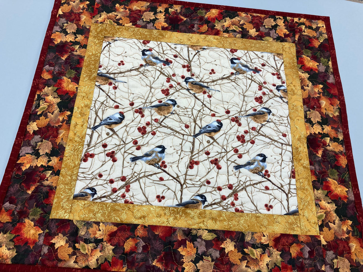 Chickadee Bird Quilted Table Topper, Large Fall Table Square, Leaves Autumn Cabin Rustic Winter Mountain Decor, 19x20",Reversible Handmade