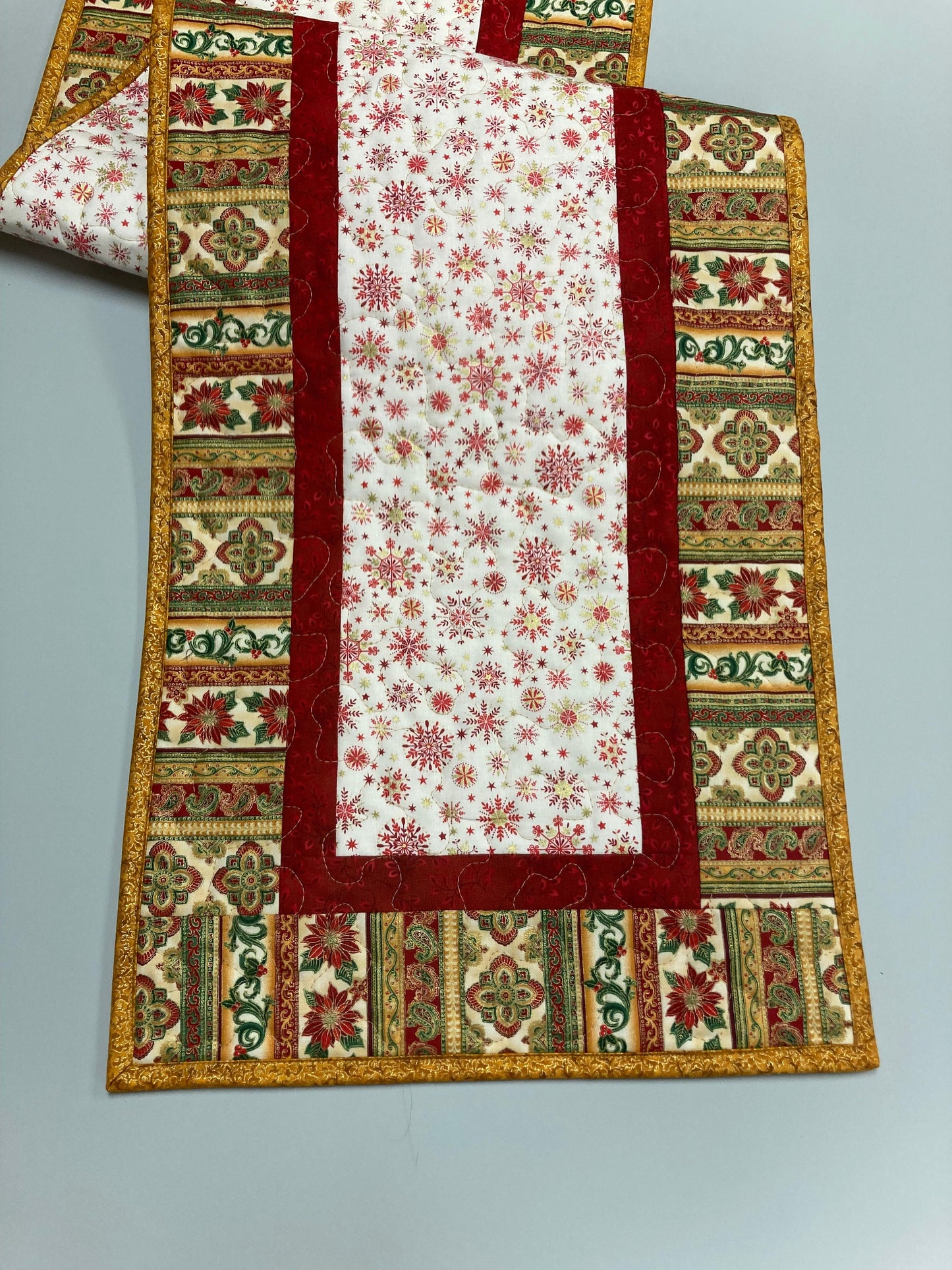 Quilted Christmas Table Runner, Red Green Gold Stripes Poinsettia Snowflakes Winter Holiday, 13x48", Reversible, Dining Coffee End Table