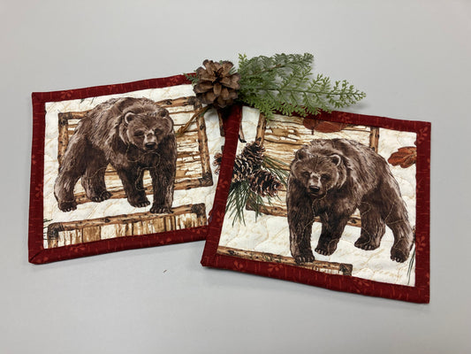 Mountain Bears Fabric Quilted Drink Coasters, 7x7", Hot Cold Coffee Tea, Fall Pine Cones Cabincore Everyday Woods Large Mug Rugs Snacks