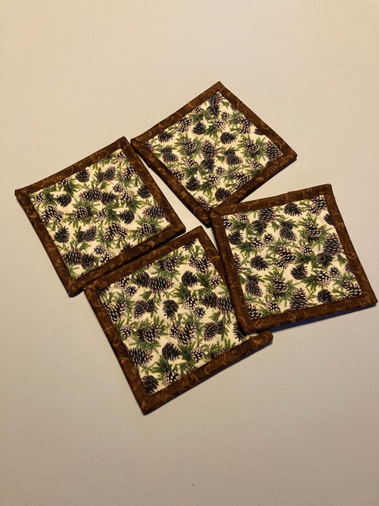 Fabric Coasters, Pine Cones and Boughs Cream, Quilted 5x5" Cotton fabrics Fall Winter Drink Mats Secret Santa Stocking Stuffer Gift Him Her