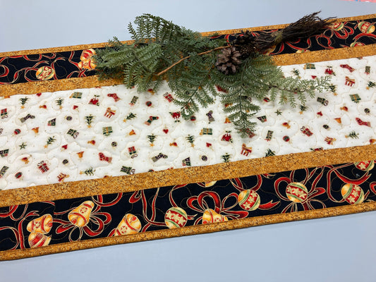 Christmas Ornaments Quilted Table Runner, 13x48", Gold Red Ribbon, Winter Holiday Dining Coffee Table, Dresser Scarf End Table Handmade