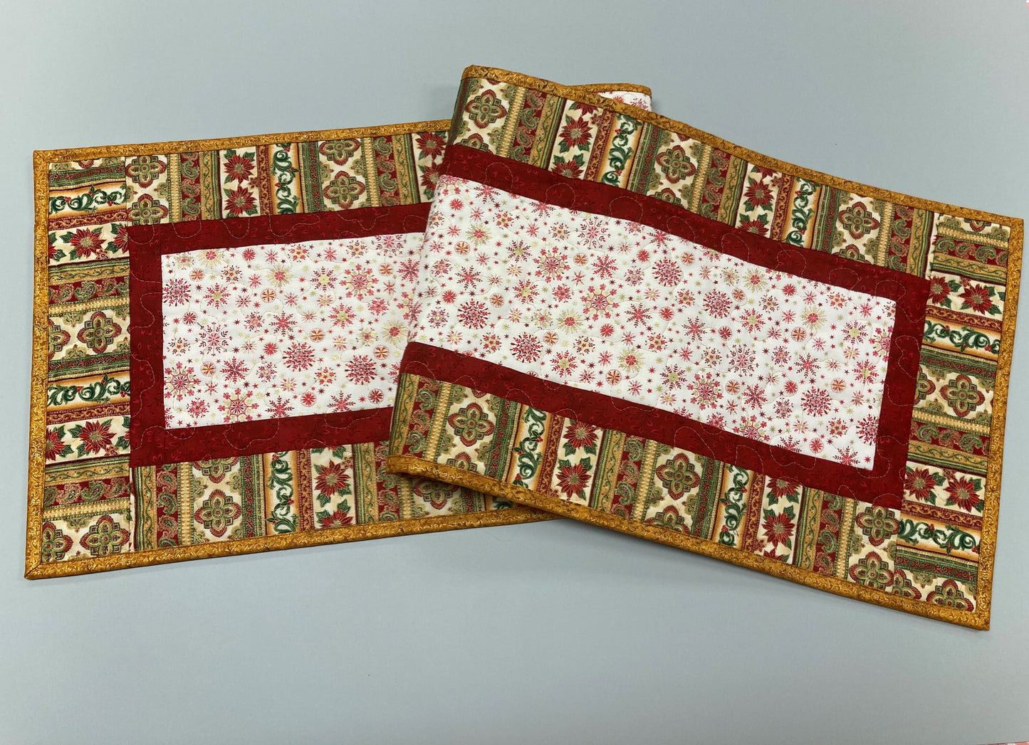 Quilted Christmas Table Runner, Red Green Gold Stripes Poinsettia Snowflakes Winter Holiday, 13x48", Reversible, Dining Coffee End Table