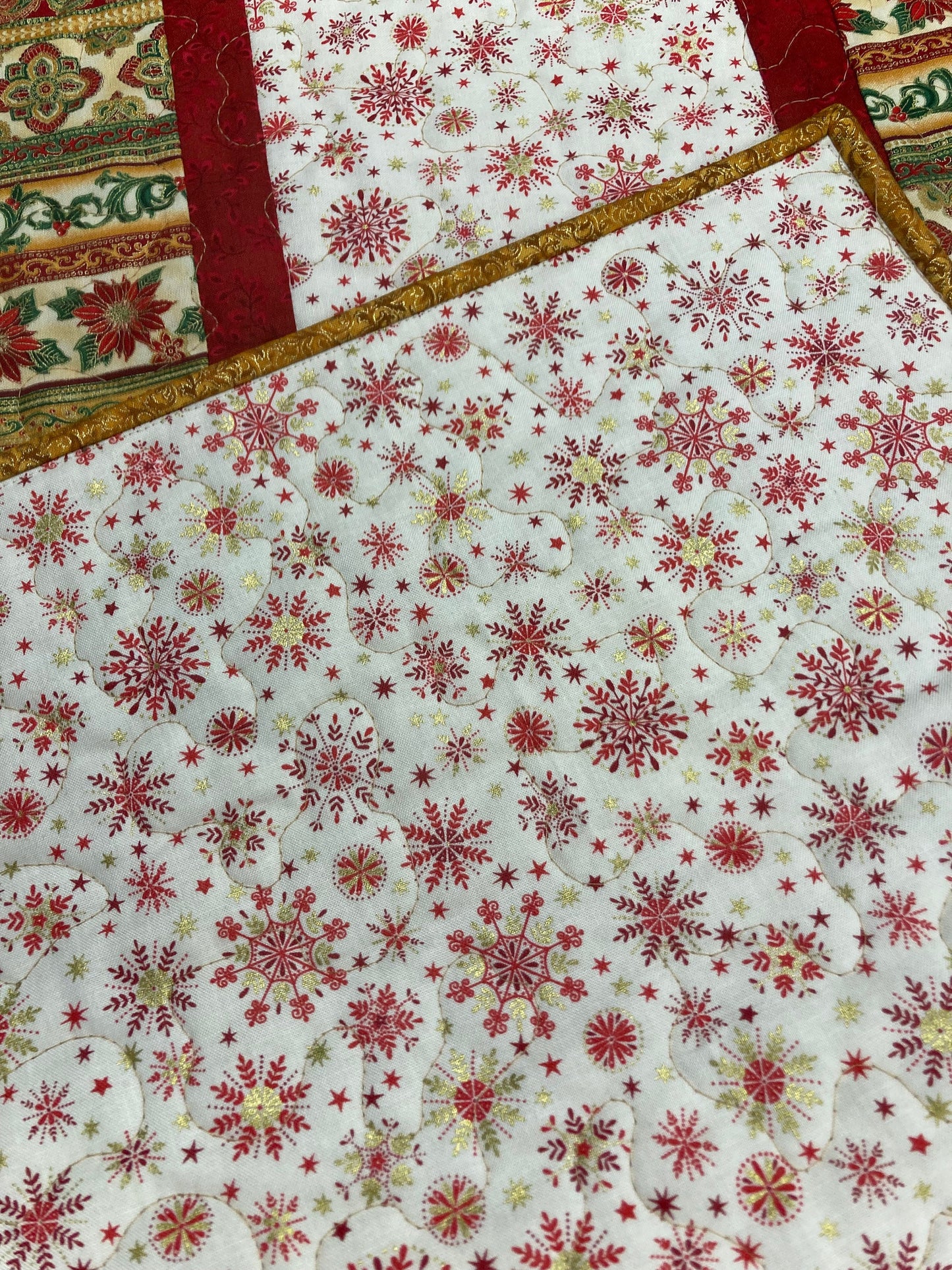 Quilted Christmas Table Runner, Red Green Gold Stripes Poinsettia Snowflakes Winter Holiday, 13x48", Reversible, Dining Coffee End Table