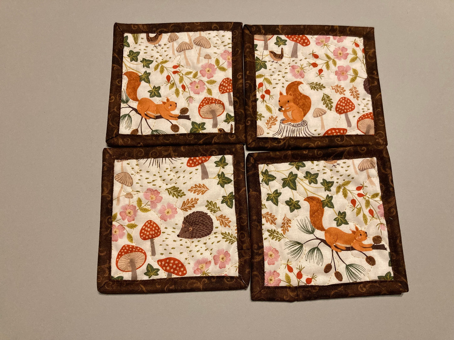 Fox Squirrel Hedgehog Woodland Animal Fabric Coasters for Drinks, 5x5" Large Mats, Coffee Tea Hot Cold Washable Reusable Mushrooms Animals