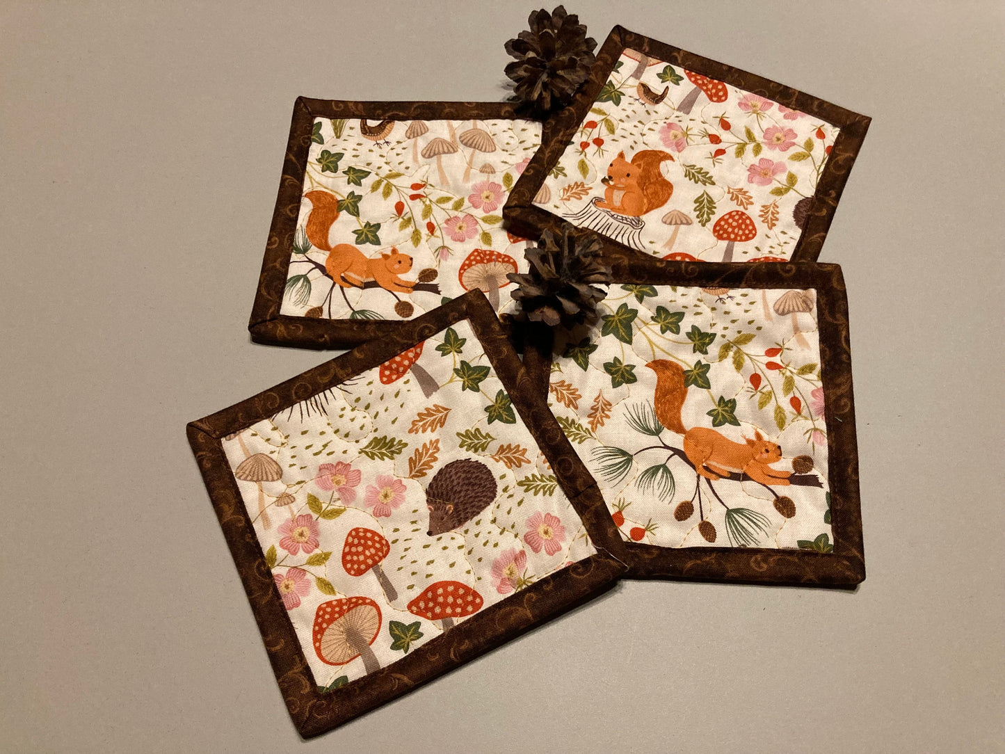 Fox Squirrel Hedgehog Woodland Animal Fabric Coasters for Drinks, 5x5" Large Mats, Coffee Tea Hot Cold Washable Reusable Mushrooms Animals