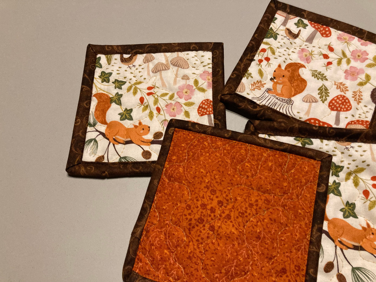 Fox Squirrel Hedgehog Woodland Animal Fabric Coasters for Drinks, 5x5" Large Mats, Coffee Tea Hot Cold Washable Reusable Mushrooms Animals