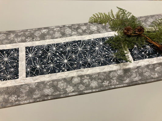 Winter Silver White Snowflakes Christmas Dining Table Runner, Reversible, Holiday Coffee Table Mat 13x58" Gray Wintry Holiday Centerpiece
