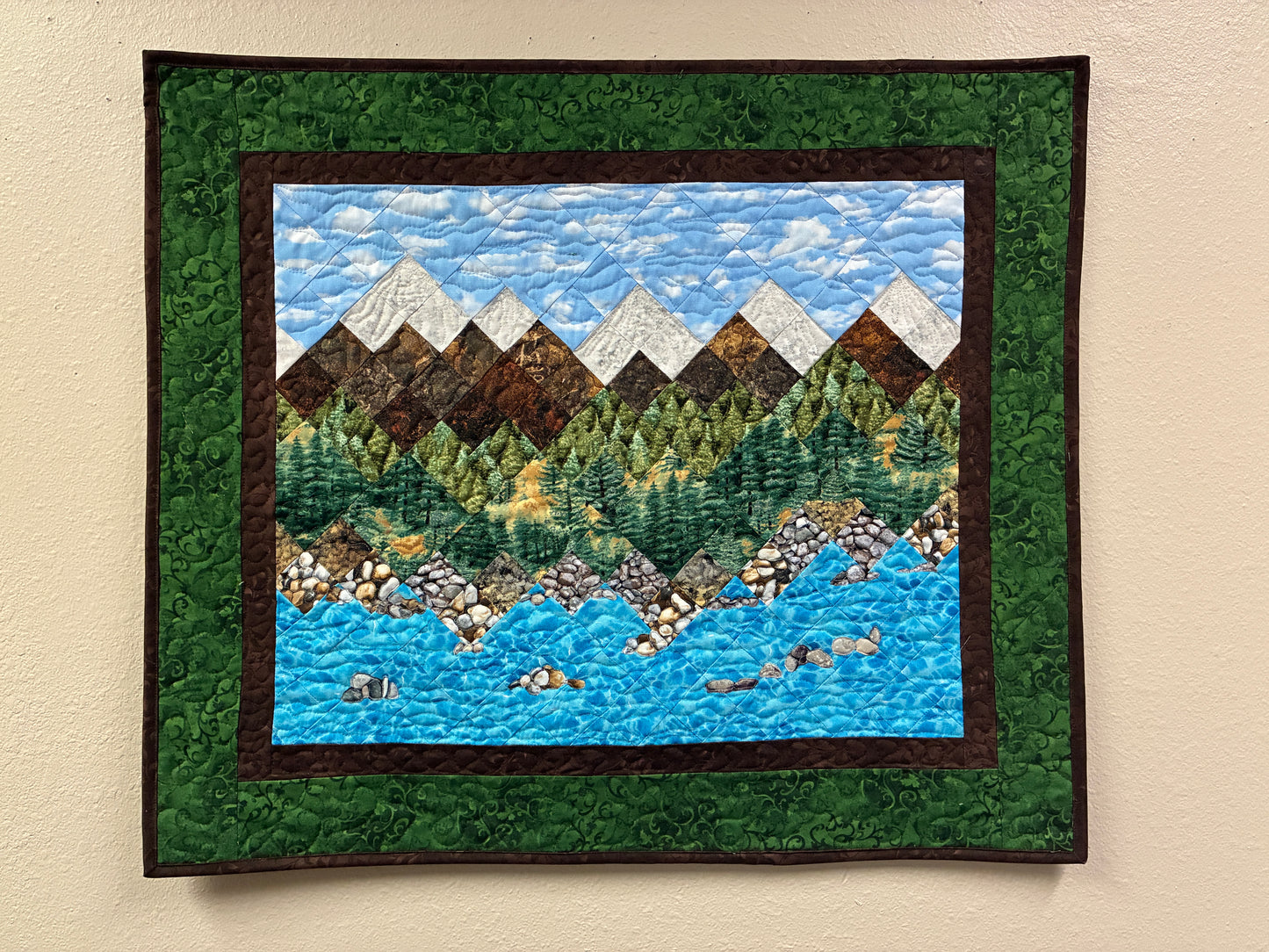 Lake Tahoe Art Quilt Tapestry, 30x26" Rocky Shore Mountain Fabric Wall Hanging