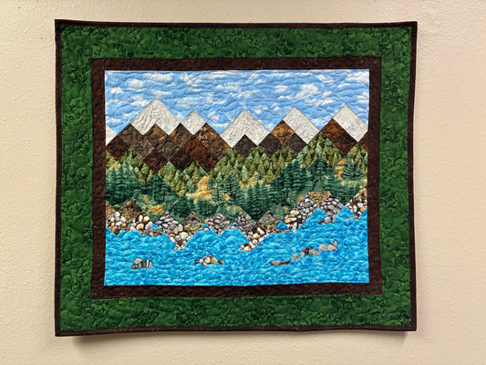 Lake Tahoe Art Quilt Tapestry, 30x26" Rocky Shore Mountain Fabric Wall Hanging