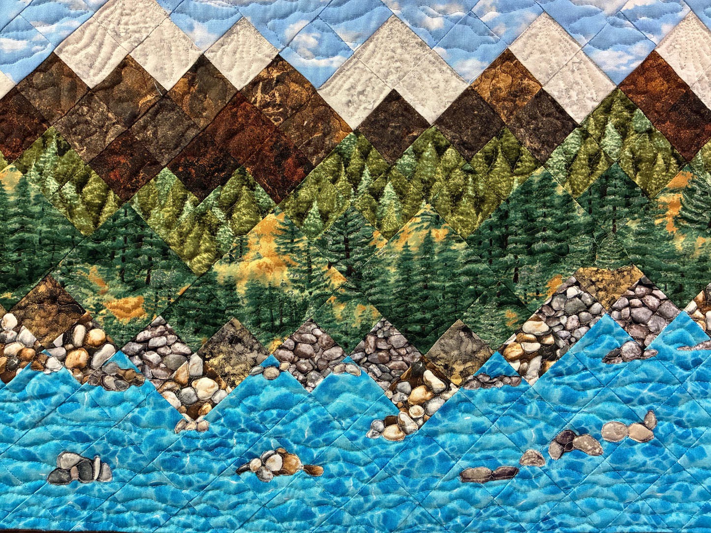 Lake Tahoe Art Quilt Tapestry, 30x26" Rocky Shore Mountain Fabric Wall Hanging