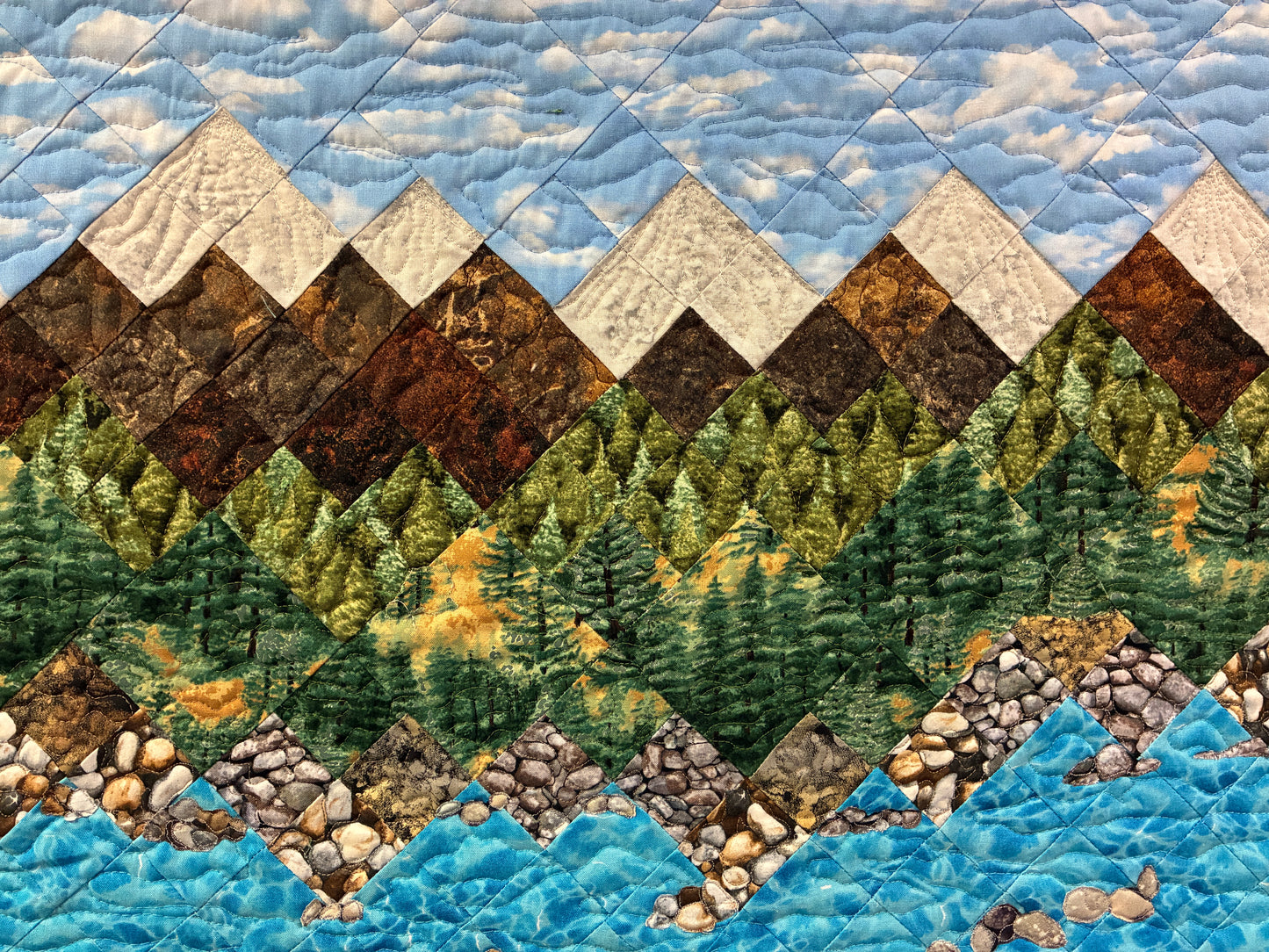 Lake Tahoe Art Quilt Tapestry, 30x26" Rocky Shore Mountain Fabric Wall Hanging
