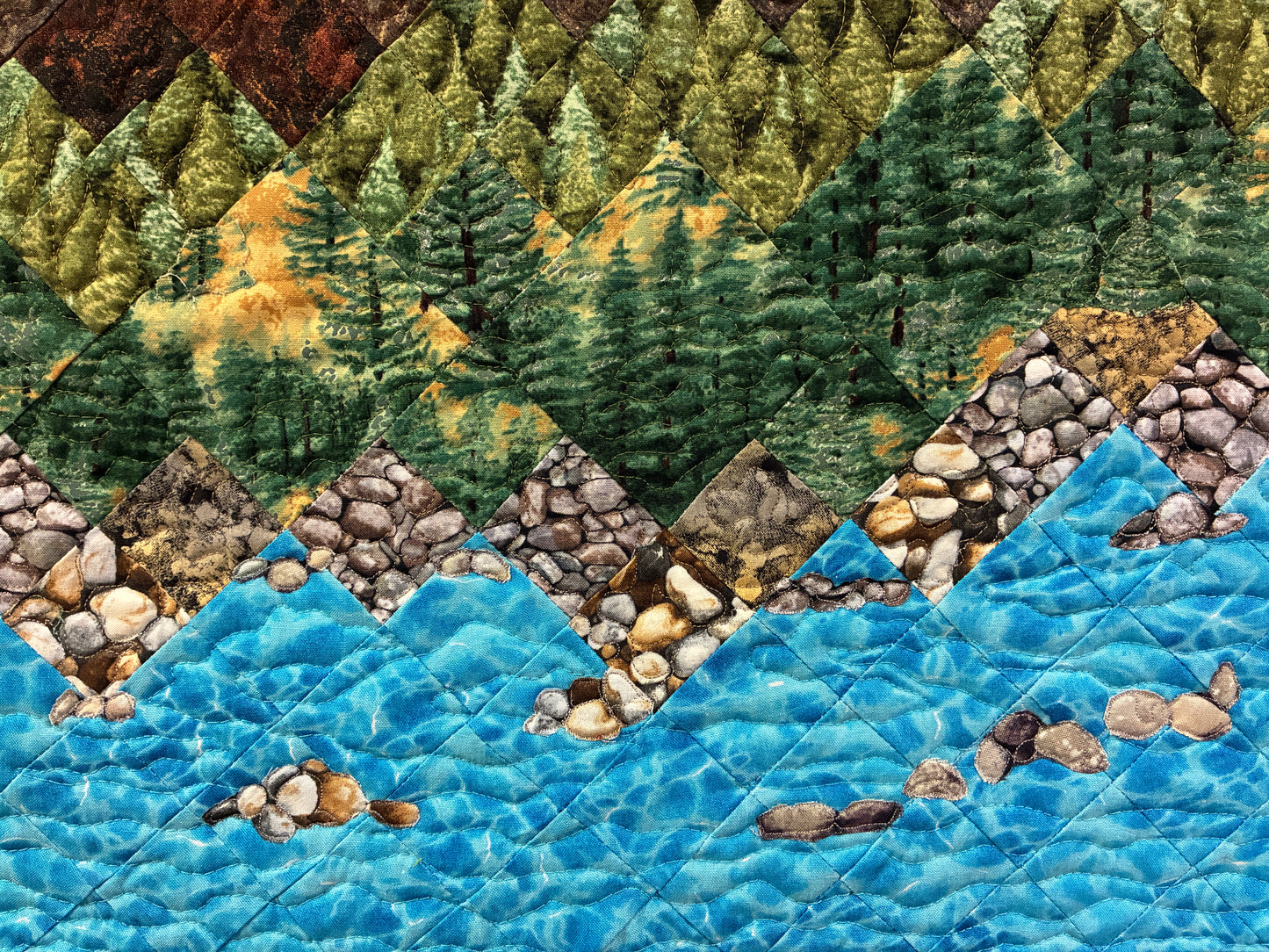 Lake Tahoe Art Quilt Tapestry, 30x26" Rocky Shore Mountain Fabric Wall Hanging