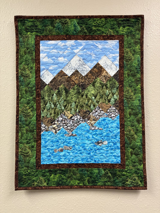 Lake Tahoe Art Quilt Fabric Wall Hanging Tapestry,  Landscape Scenic Mountain 19x25" Handmade Original Artwork