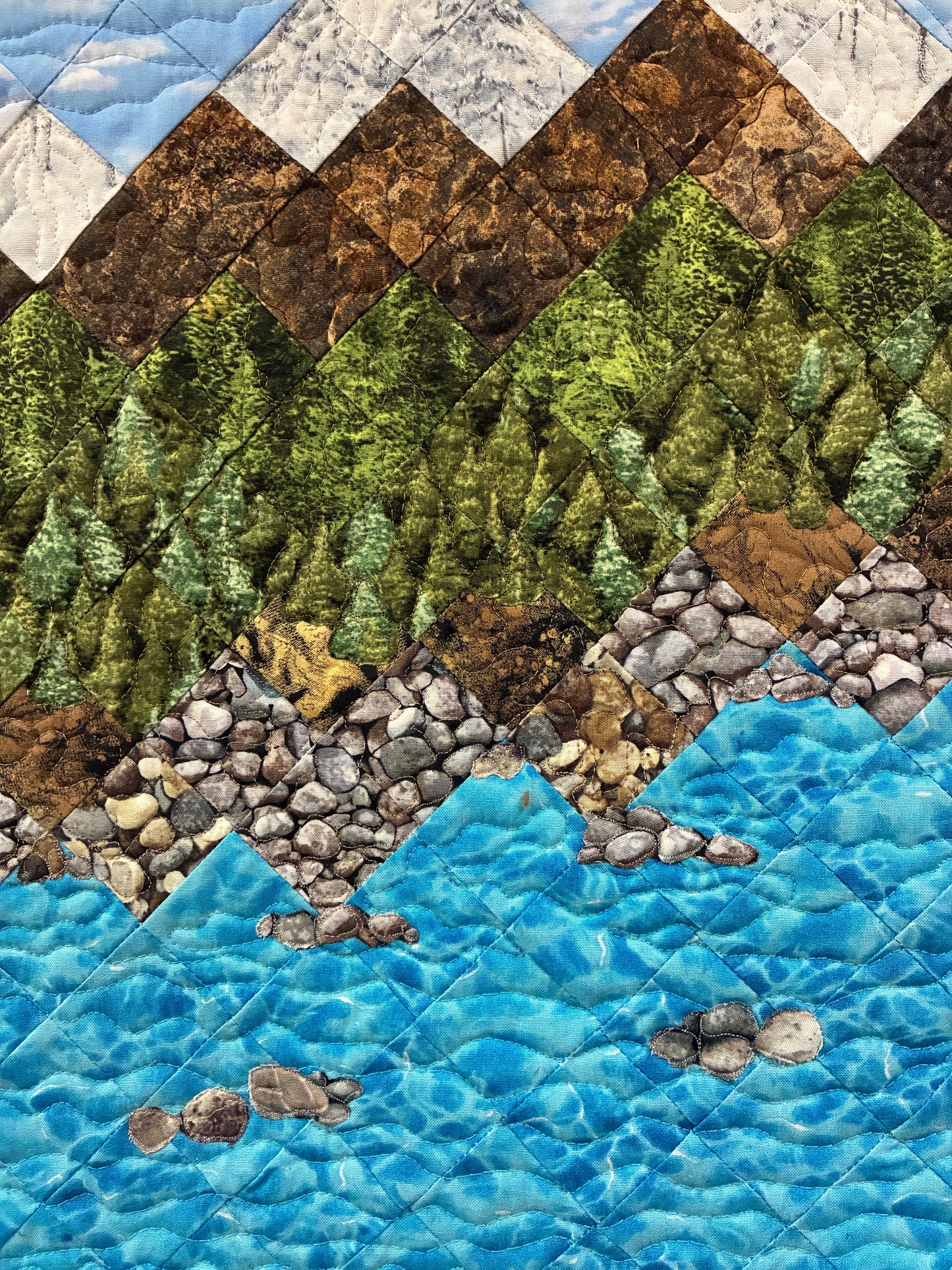 Lake Tahoe Art Quilt Fabric Wall Hanging Tapestry,  Landscape Scenic Mountain 19x25" Handmade Original Artwork