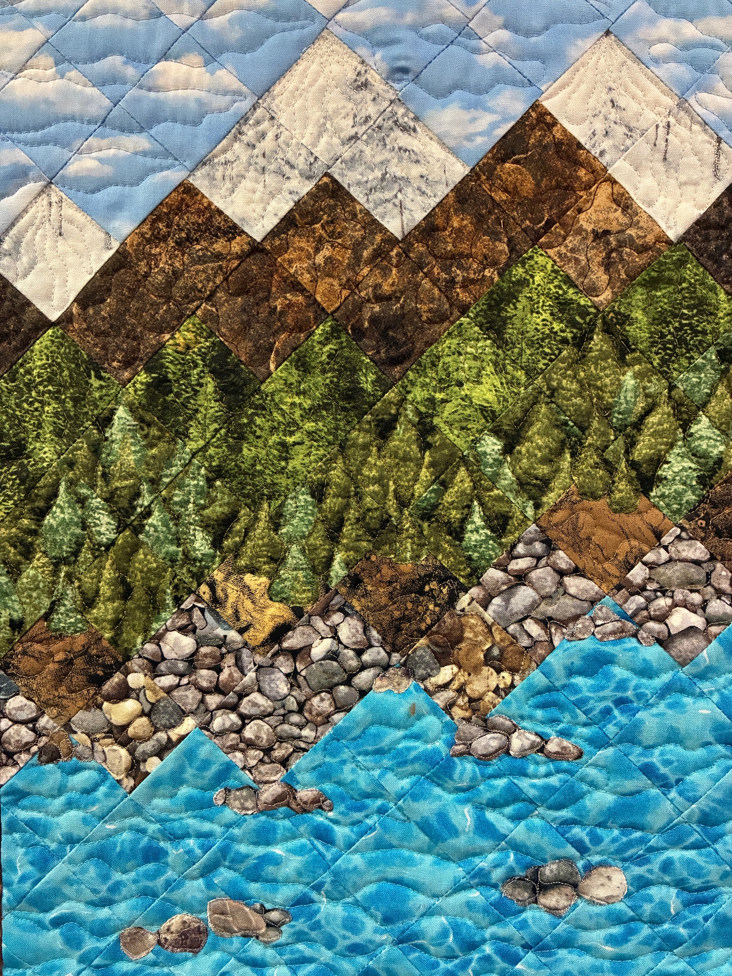 Lake Tahoe Art Quilt Fabric Wall Hanging Tapestry,  Landscape Scenic Mountain 19x25" Handmade Original Artwork