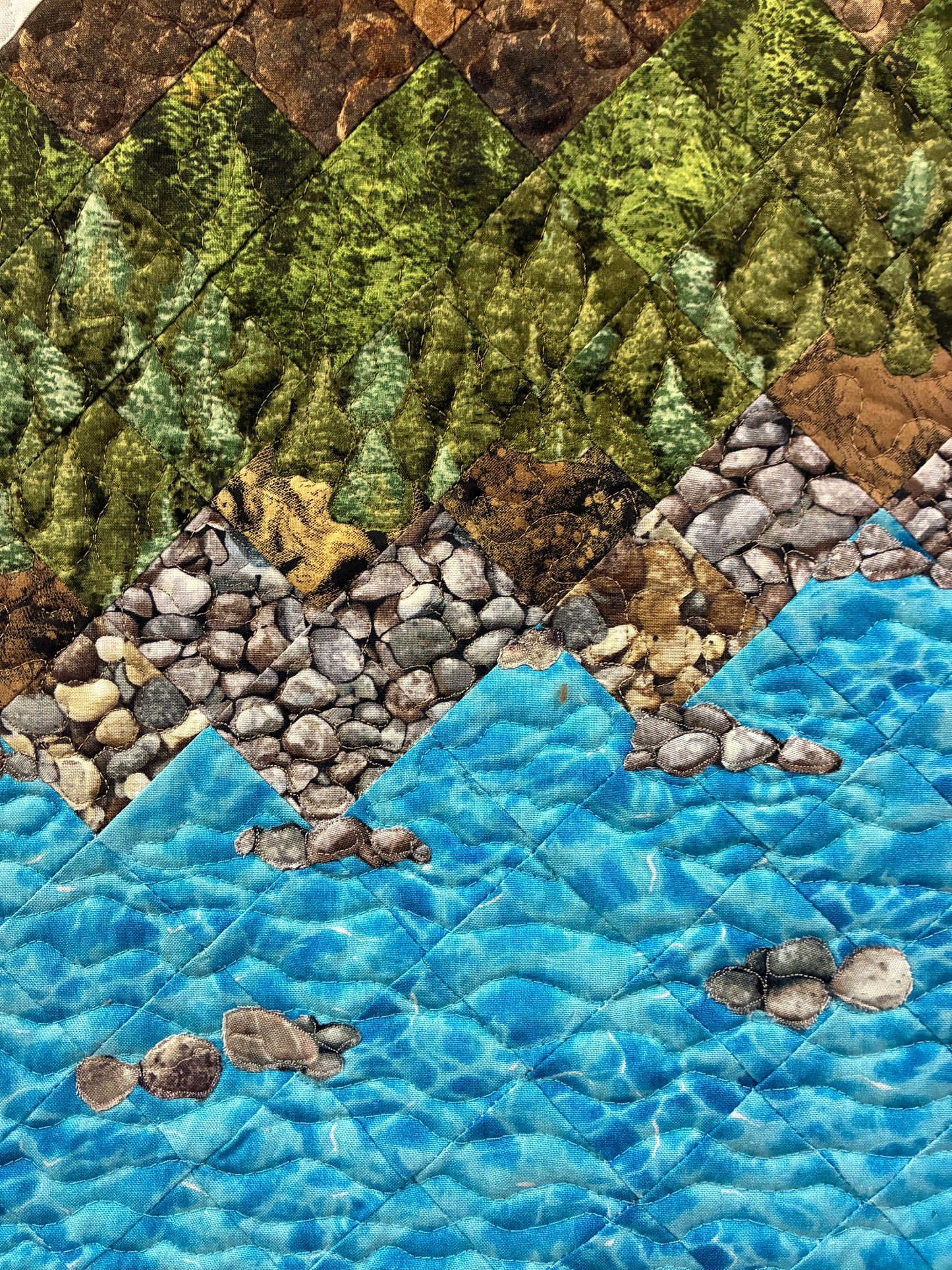 Lake Tahoe Art Quilt Fabric Wall Hanging Tapestry,  Landscape Scenic Mountain 19x25" Handmade Original Artwork